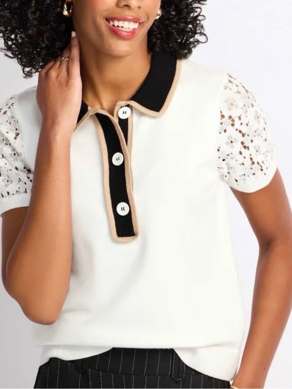 CeCe Women's Lace Sleeve Polo Sweater White Size S